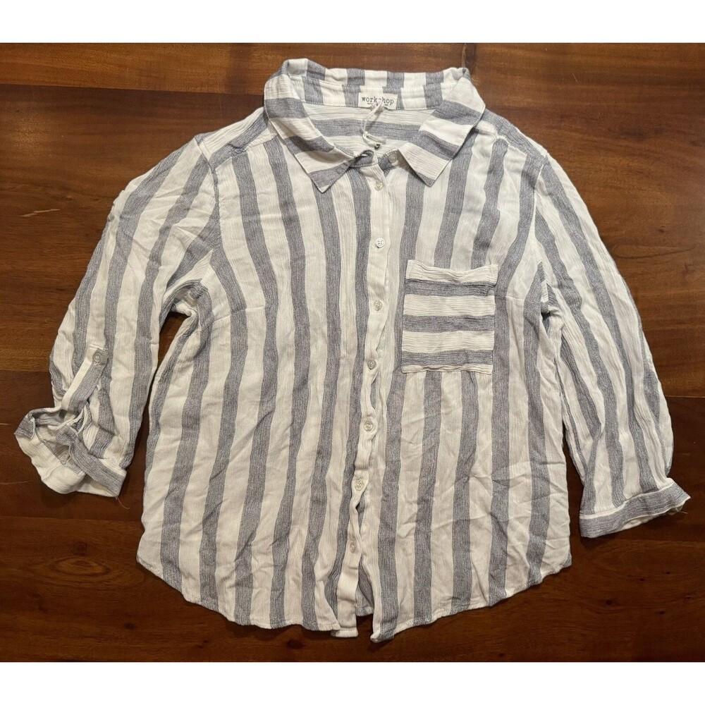 Workshop Republic Clothing Women's XL Button Up Shirt Blue White Striped Rayon